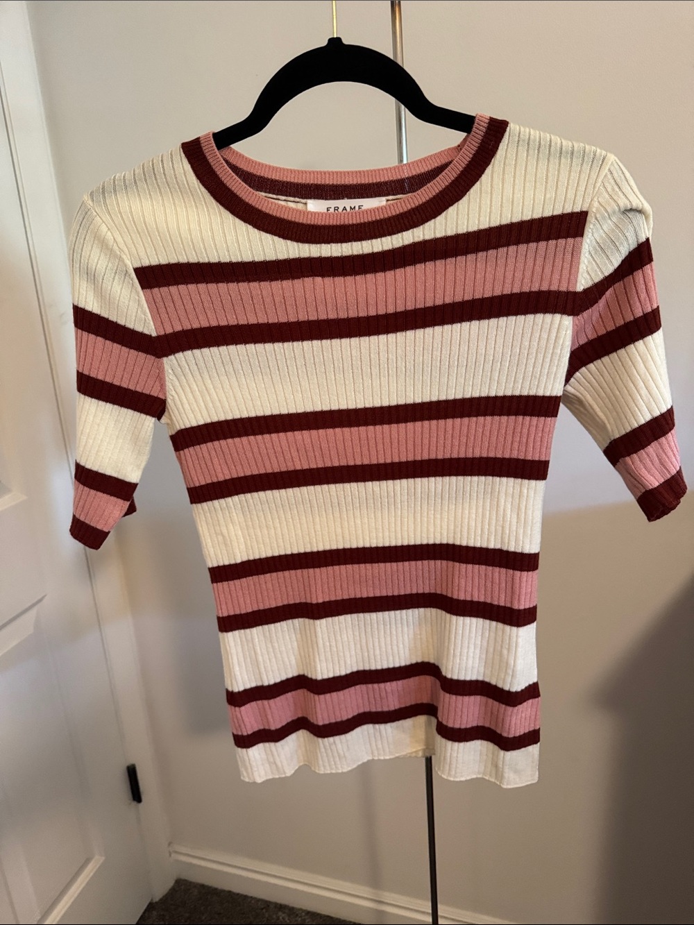 FRAME Striped Ribbed Knit Sweater Top - Cream, Pink & Burgundy